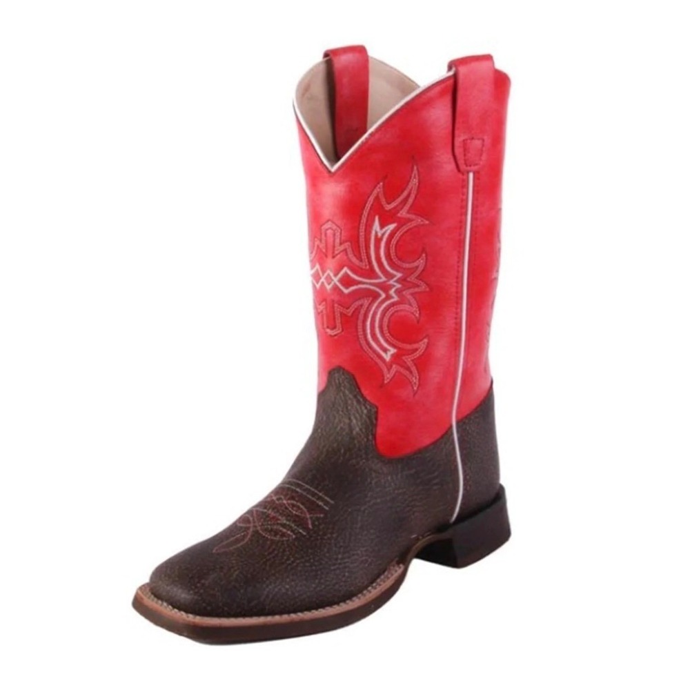 OLD WEST Red Cowboy Boot Western Square Toe Leather Brown‎ Boy Kids Girl Youth 6